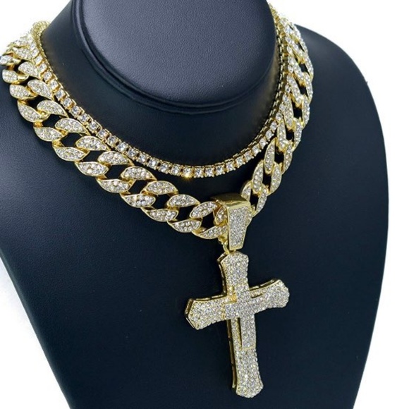 Iced Out Cross Pendant & 18" Choker Necklace Set - Picture 3 of 3